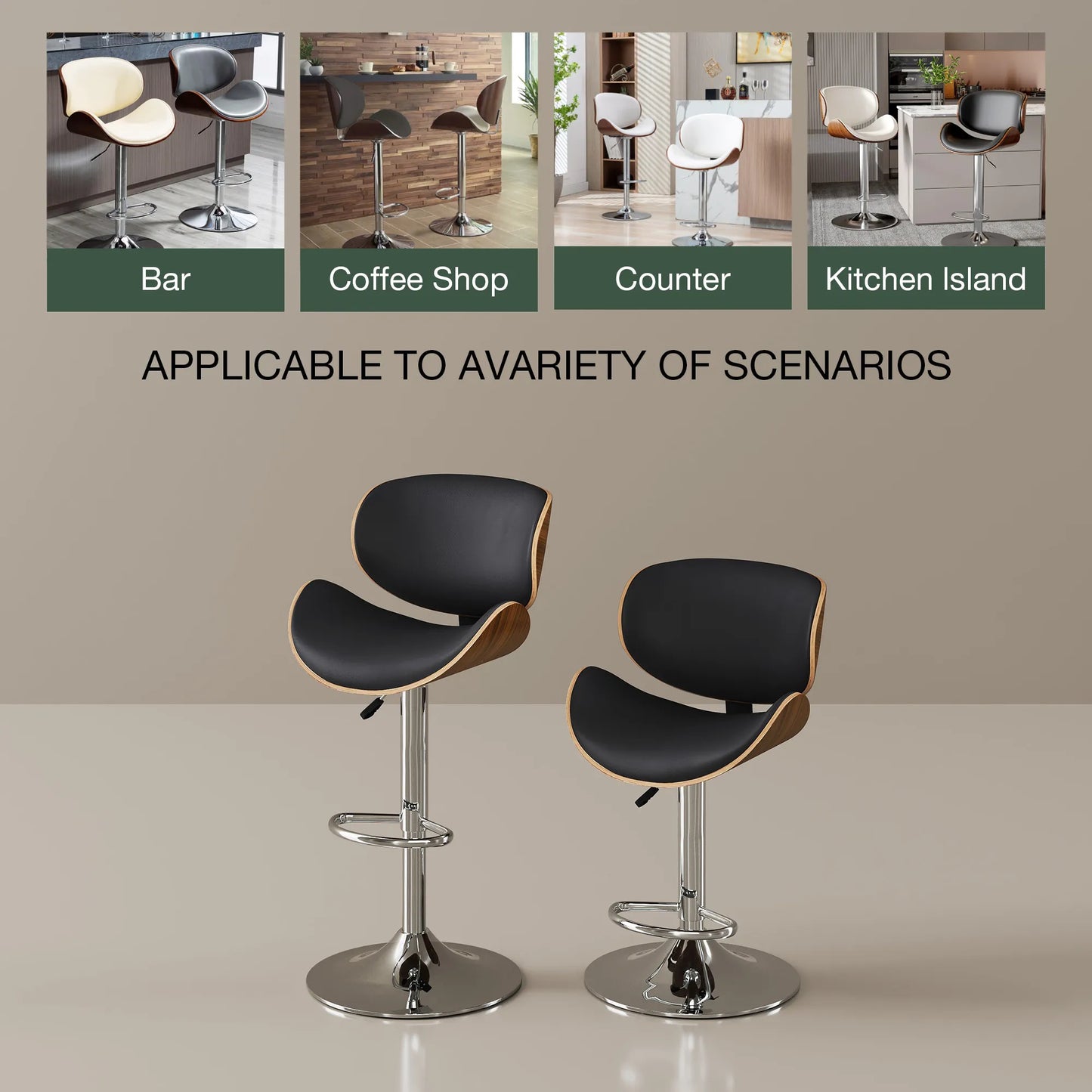 Contemporary Wooden Adjustable Leather Swivel Bar Stools Set of 2