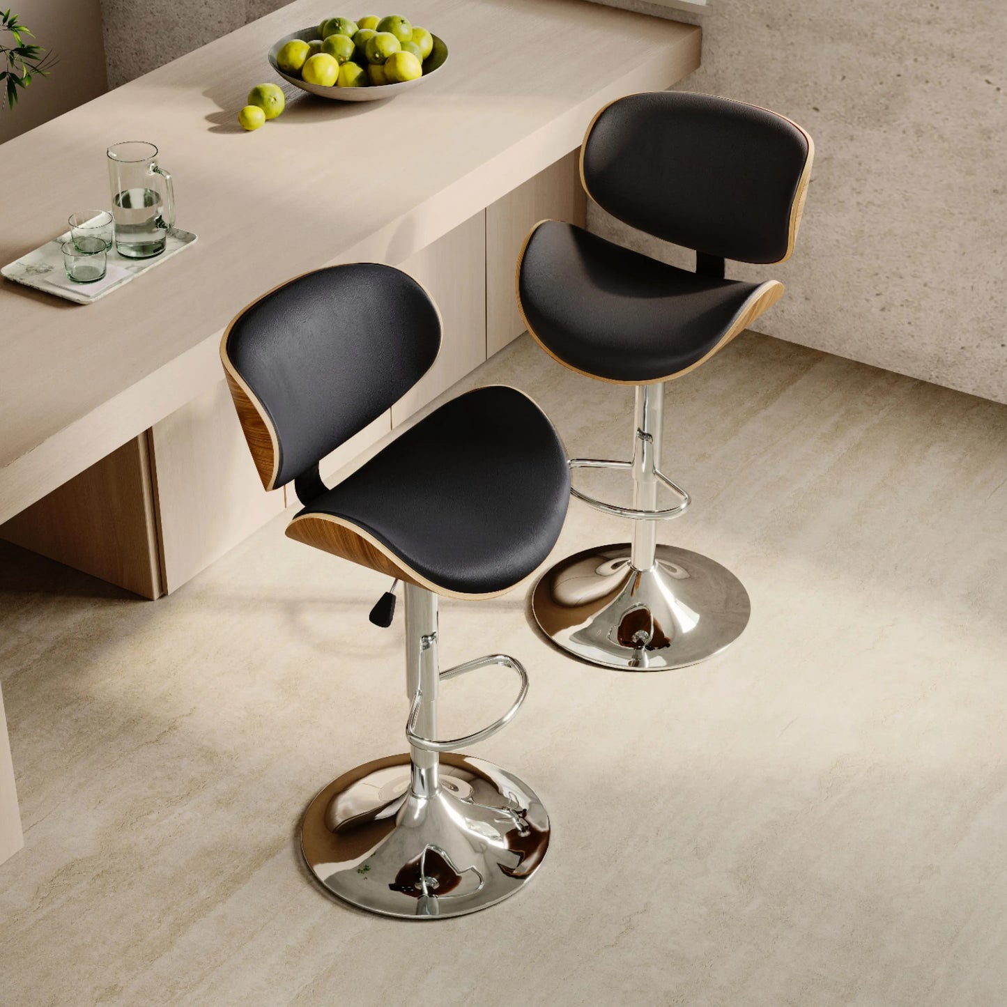 Contemporary Wooden Adjustable Leather Swivel Bar Stools Set of 2