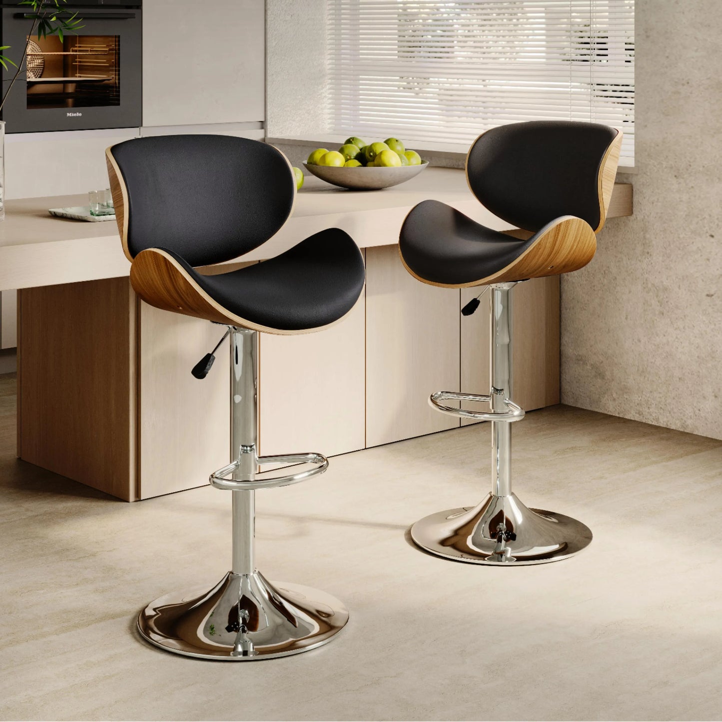Contemporary Wooden Adjustable Leather Swivel Bar Stools Set of 2