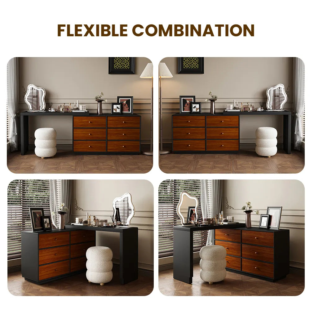 Mid-Century Modern Retractable Large Vanity Desk Set with 6 Drawers Early Black Friday