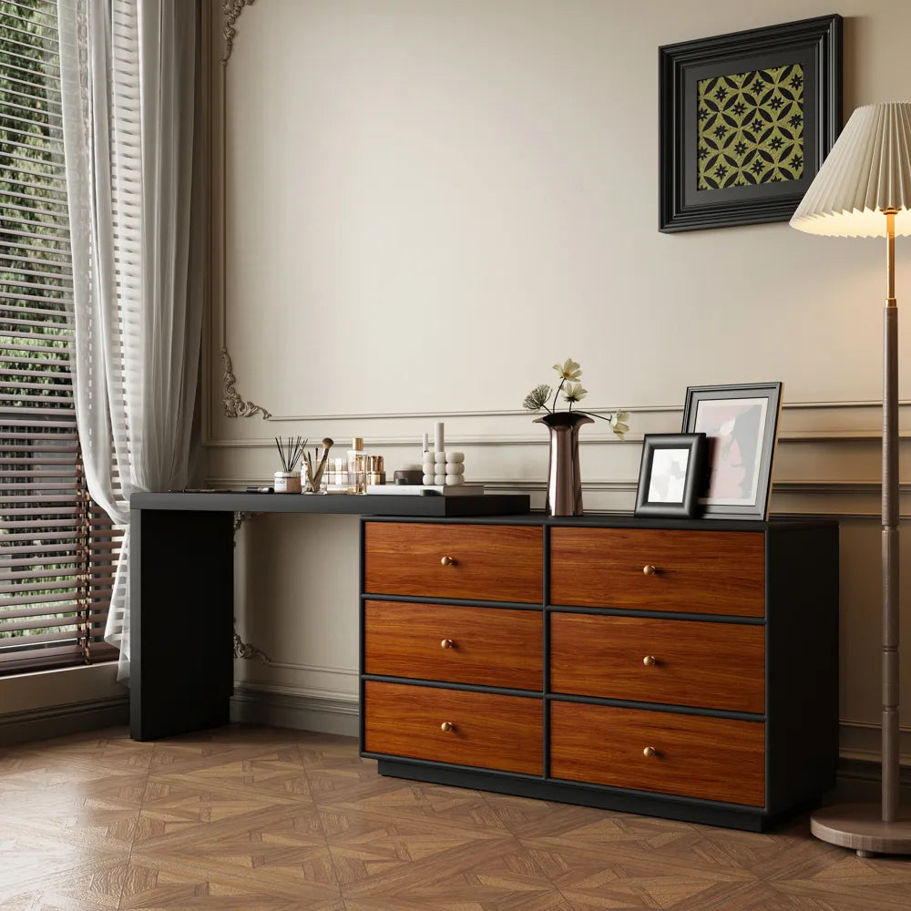 Mid-Century Modern Retractable Large Vanity Desk Set with 6 Drawers Early Black Friday