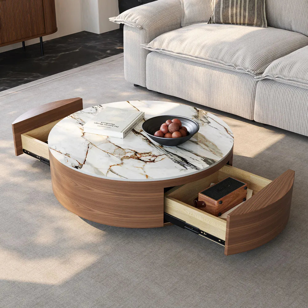 Table basse ronde en pierre frittée de 35 pouces avec rangement 