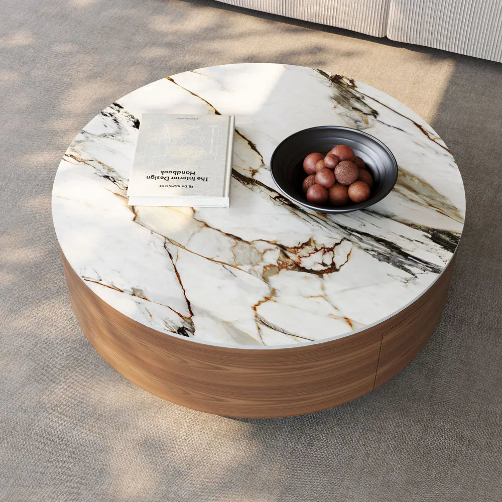 Table basse ronde en pierre frittée de 35 pouces avec rangement 
