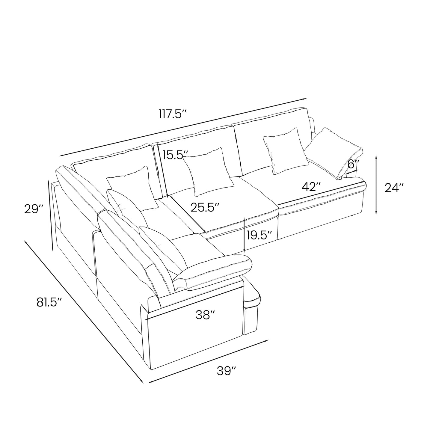 117.5'' Luxury L-shaped Couch Oversized Deep Seat Sofa