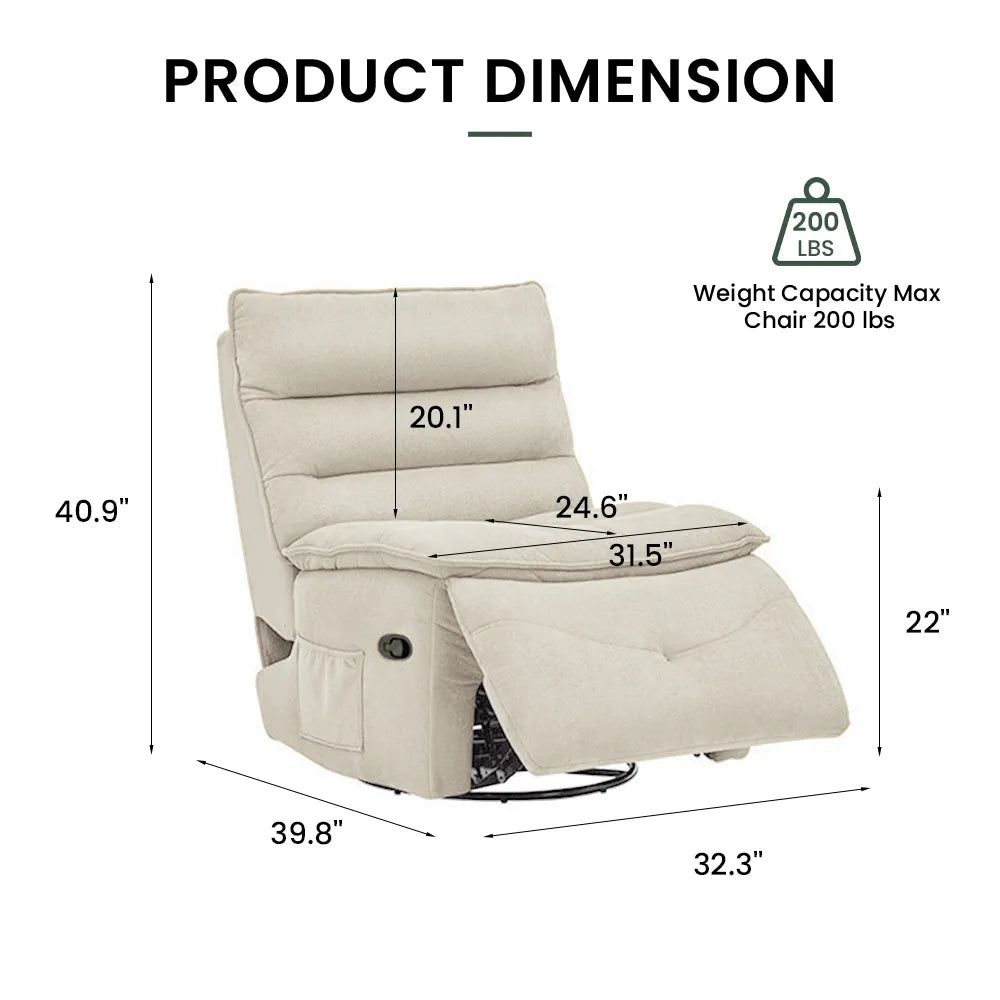 32.3''Modern Beige Armless Swivel Rocking Recliner – Manual Sofa Chair & Single Sofa