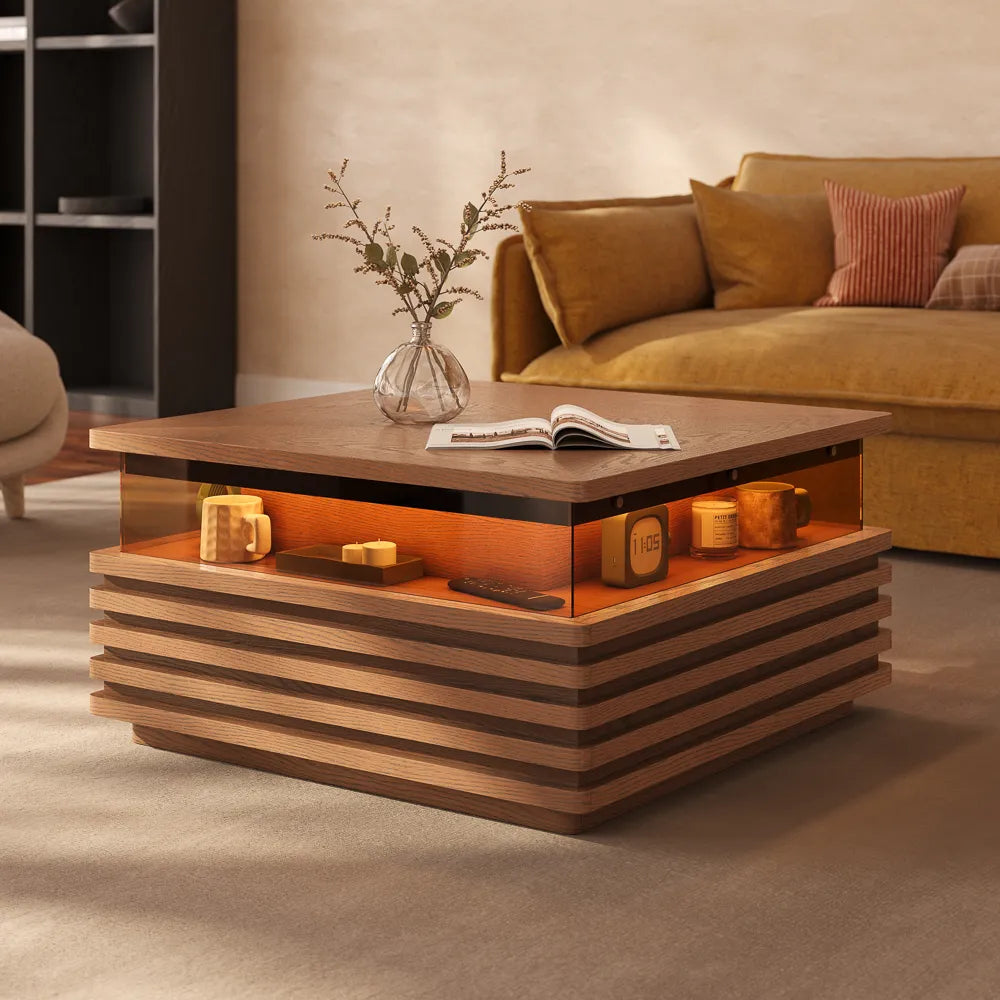 Selene-31" Square Horizontal Slatted Coffee Table with LED Lights