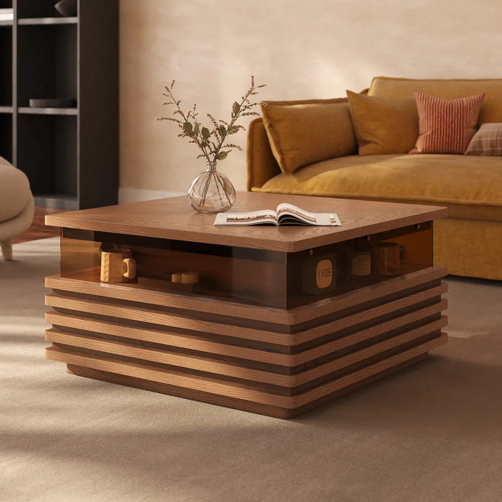 Selene-31" Square Horizontal Slatted Coffee Table with LED Lights
