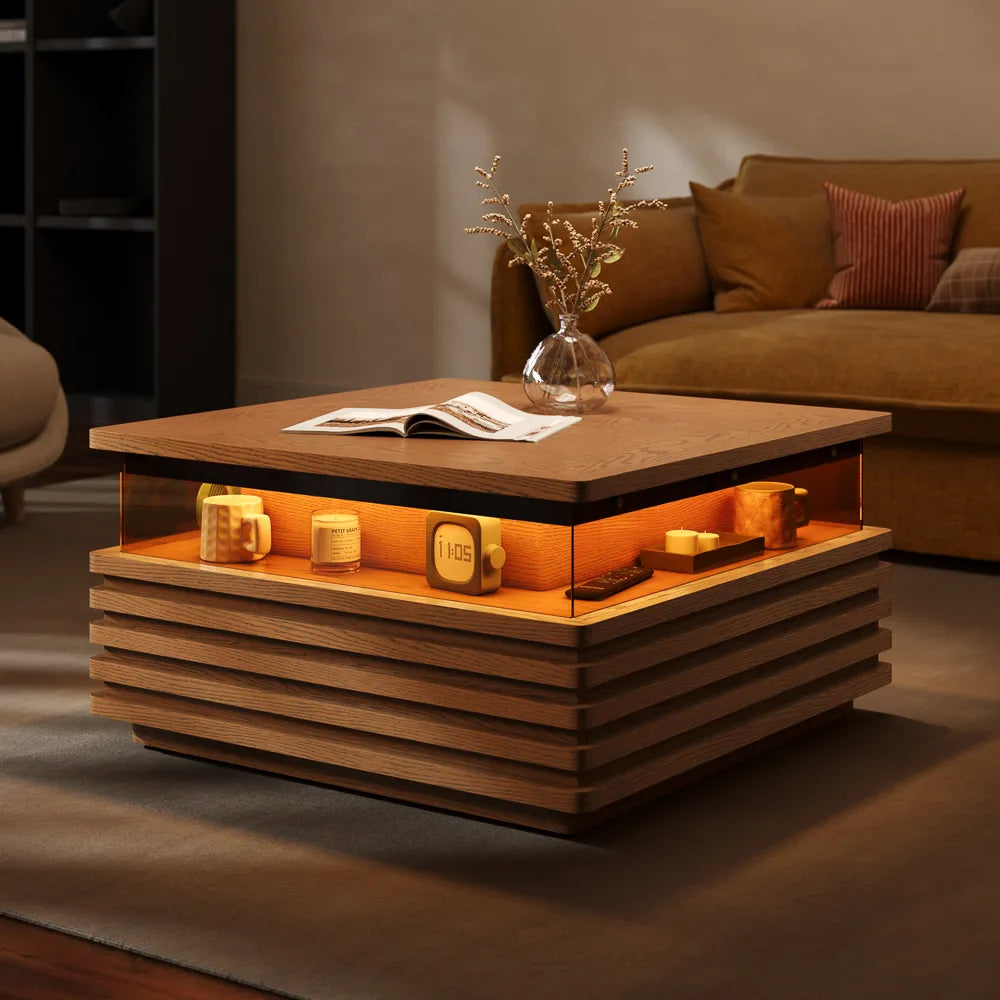 Selene-31" Square Horizontal Slatted Coffee Table with LED Lights