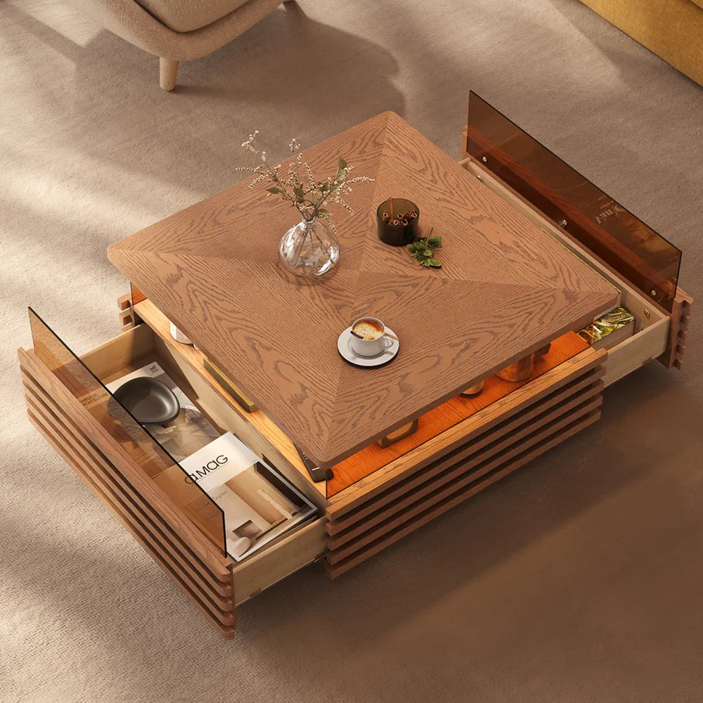 Selene-31" Square Horizontal Slatted Coffee Table with LED Lights