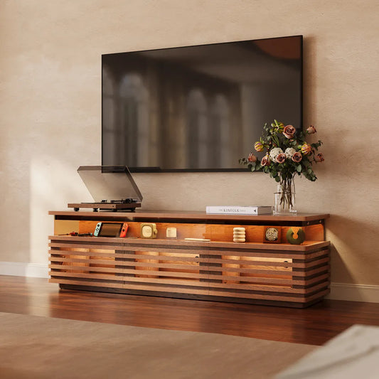 Selene-71" Horizontal Slatted TV Stand with Adjustable LED Lights