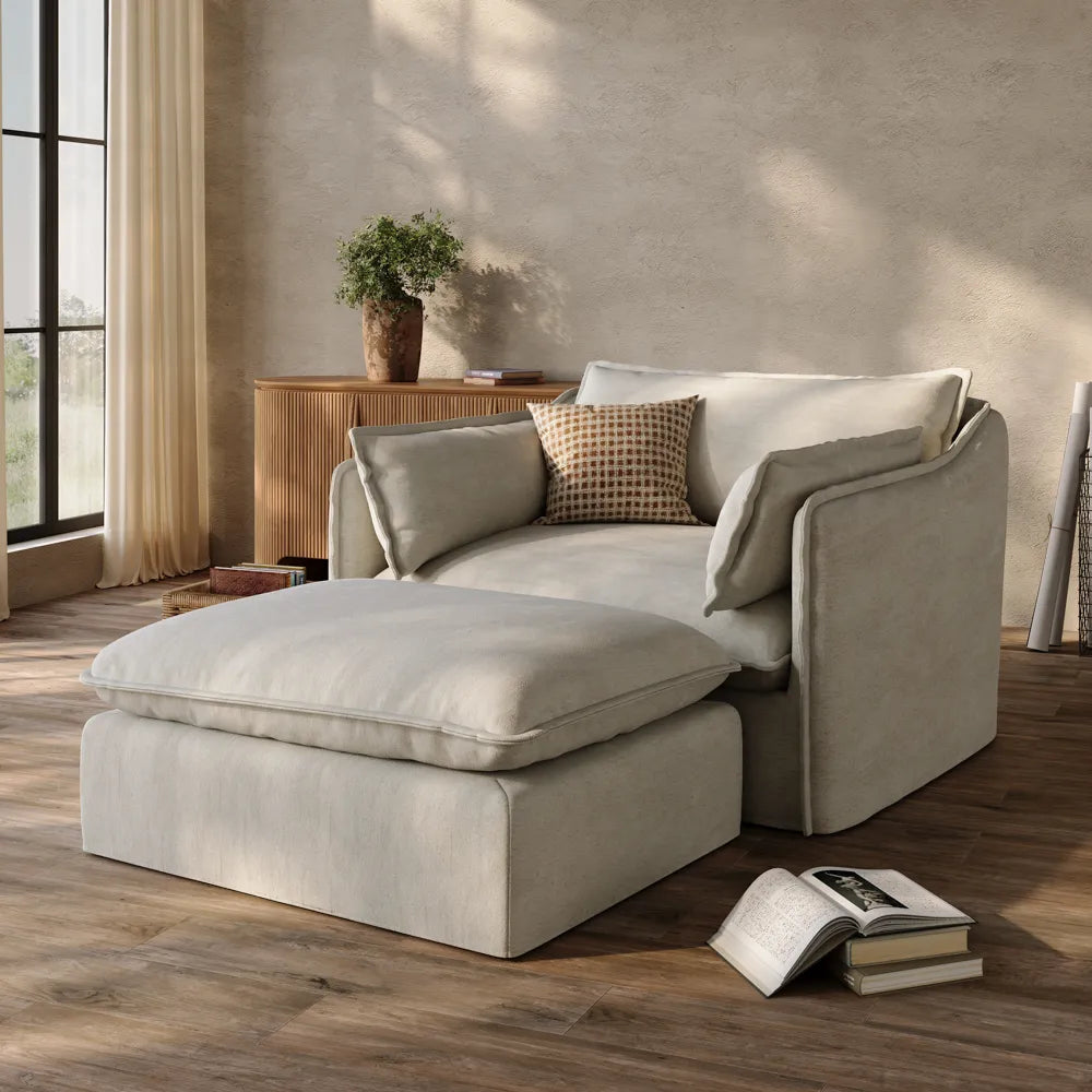 Luna-Beige Linen Single Sofa Accent Chair with Removable Covers & Ottoman