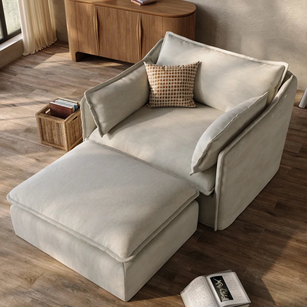 Luna-Beige Linen Single Sofa Accent Chair with Removable Covers & Ottoman
