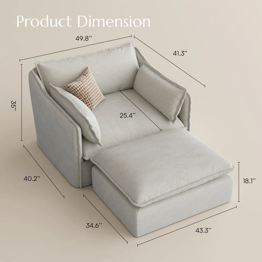 Luna-Beige Linen Single Sofa Accent Chair with Removable Covers & Ottoman