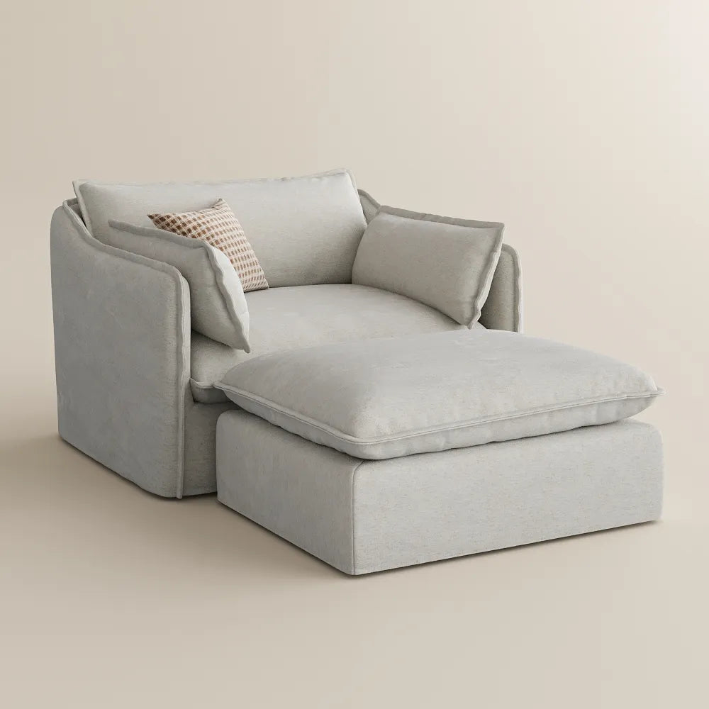 Luna-Beige Linen Single Sofa Accent Chair with Removable Covers & Ottoman