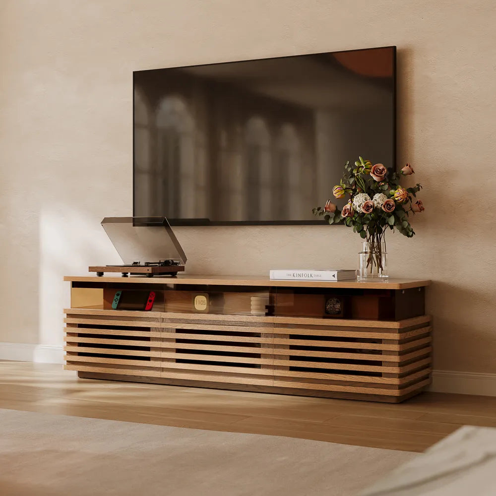 Selene-71" Horizontal Slatted TV Stand with Adjustable LED Lights