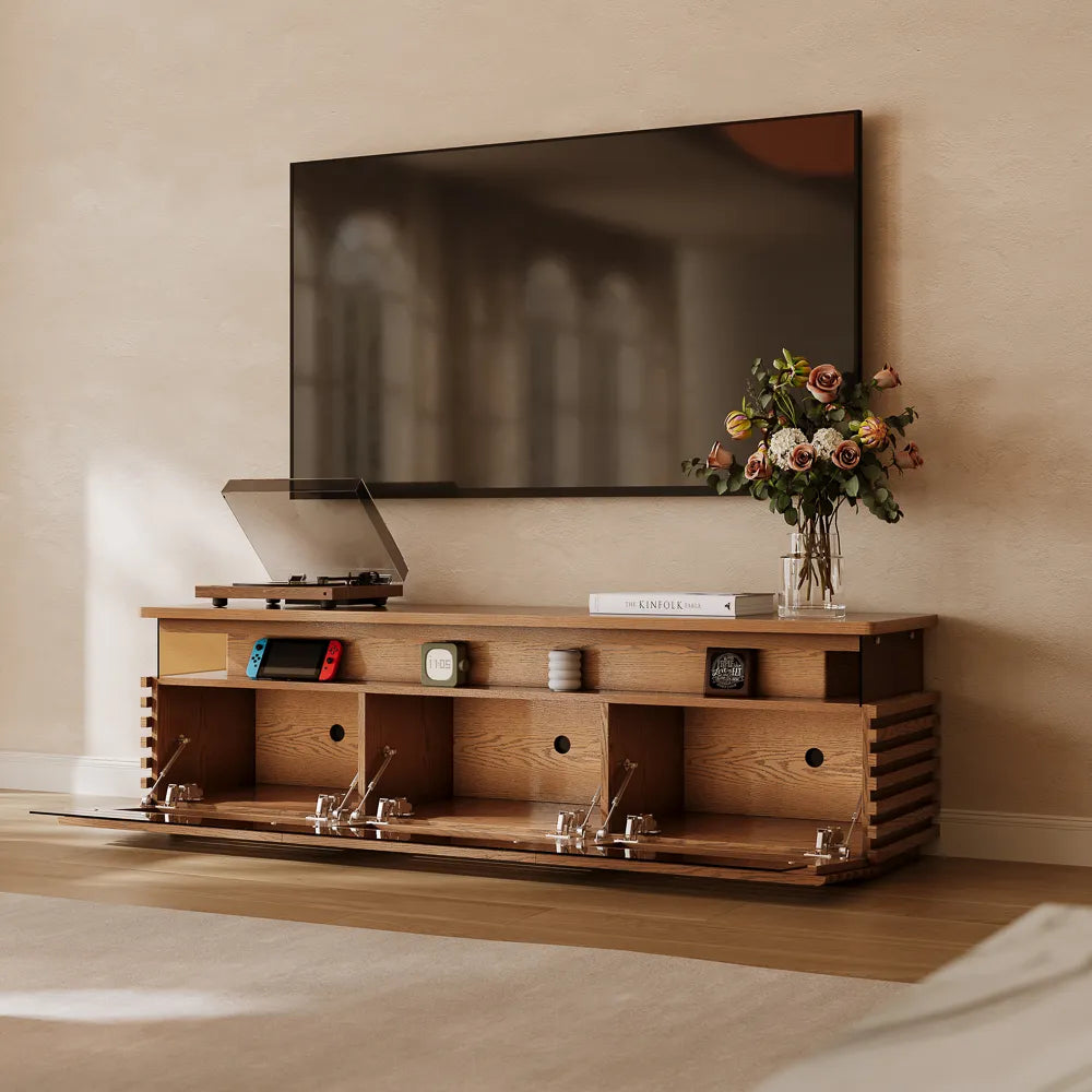 Selene-71" Horizontal Slatted TV Stand with Adjustable LED Lights