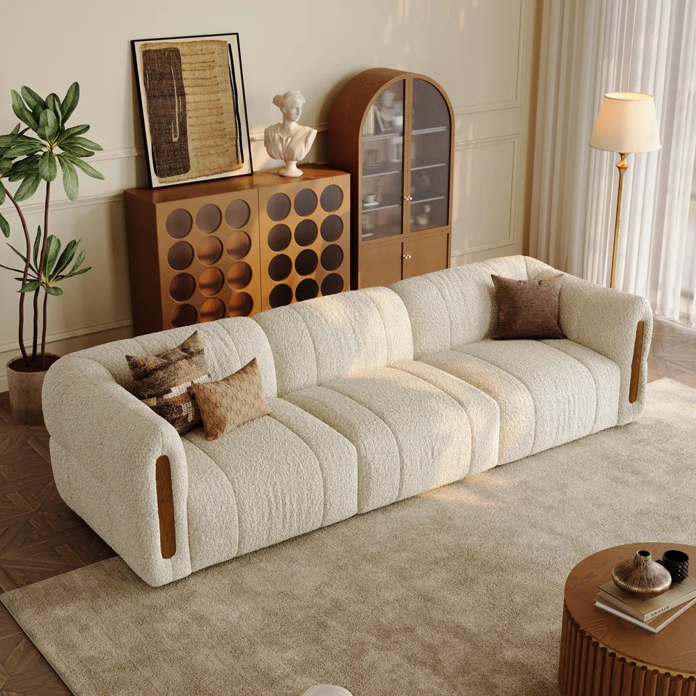 Modern Boucle sofa with solid wood details