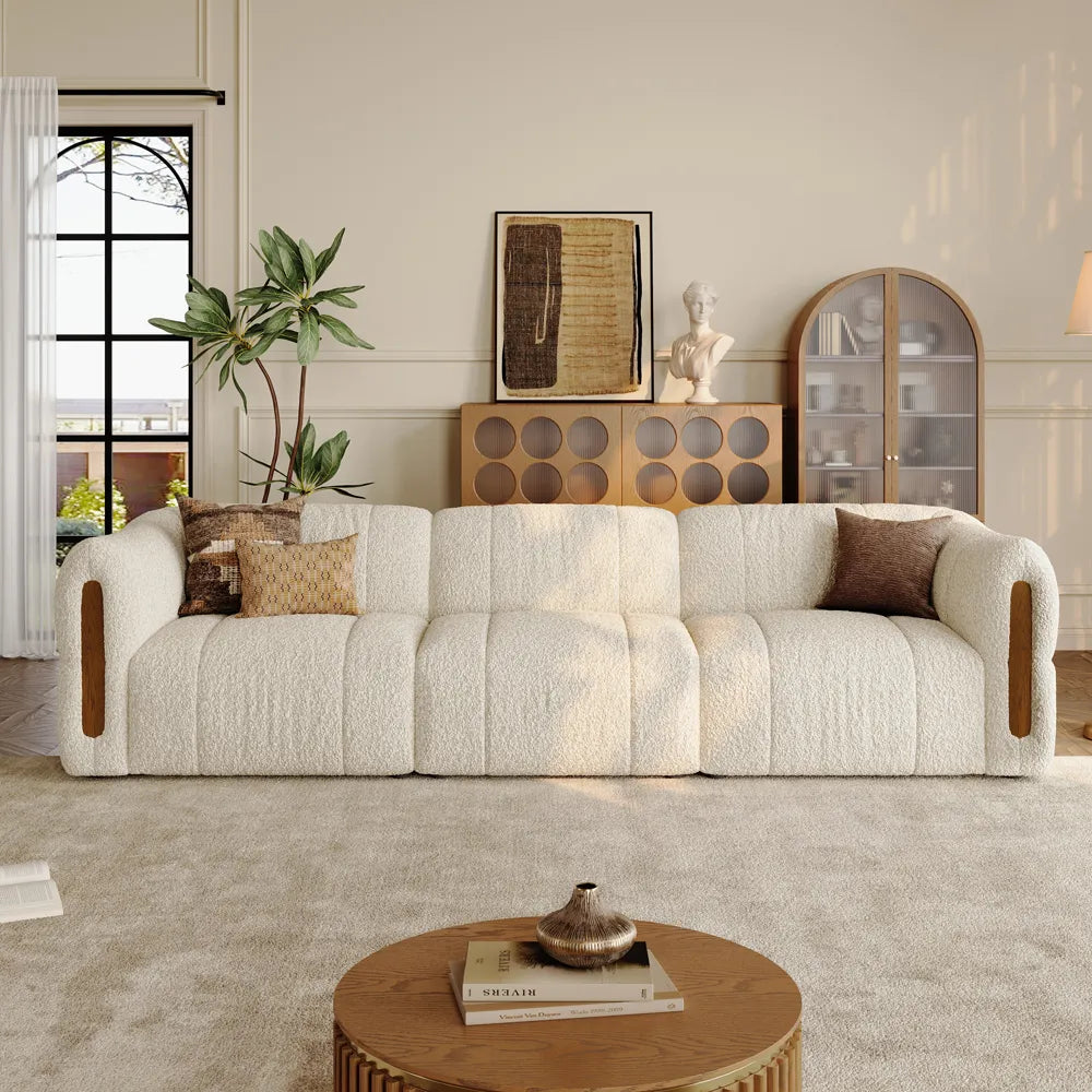 Modern Boucle sofa with solid wood details
