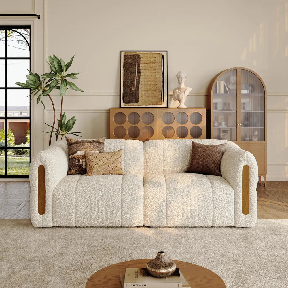 Modern Boucle sofa with solid wood details