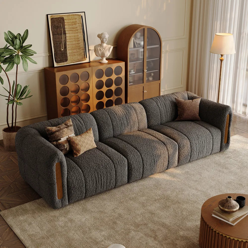 Modern Boucle sofa with solid wood details