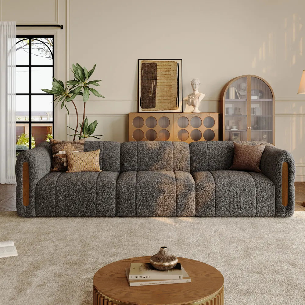 Modern Boucle sofa with solid wood details