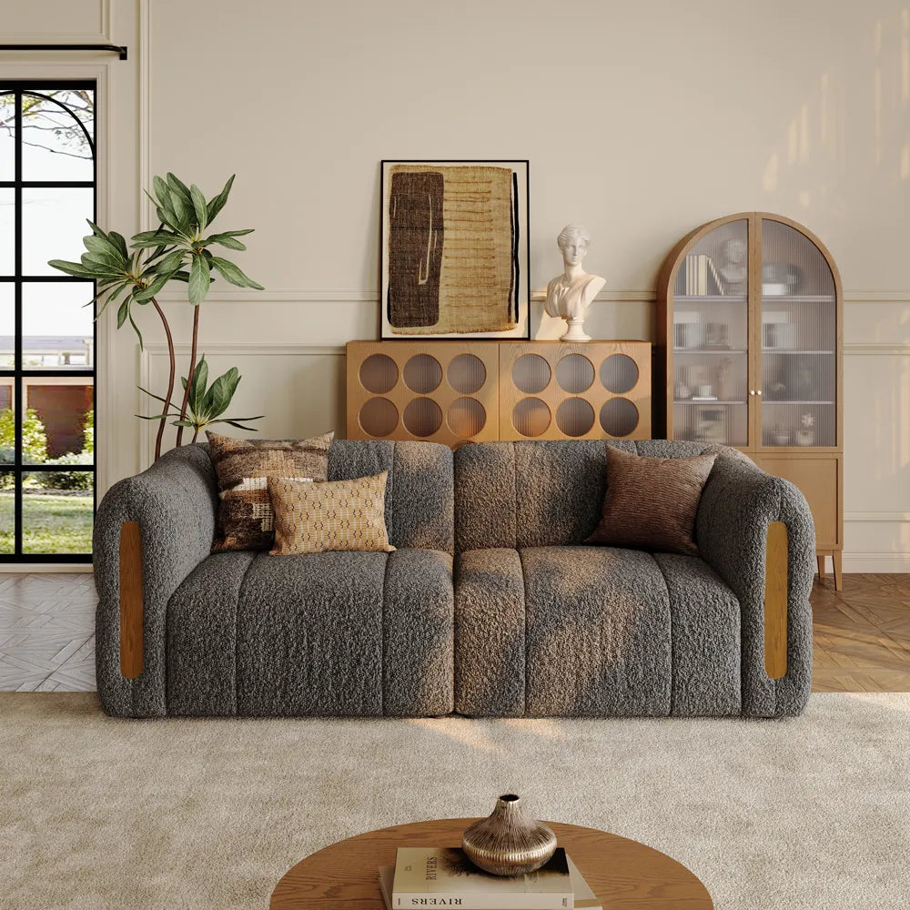 Modern Boucle sofa with solid wood details