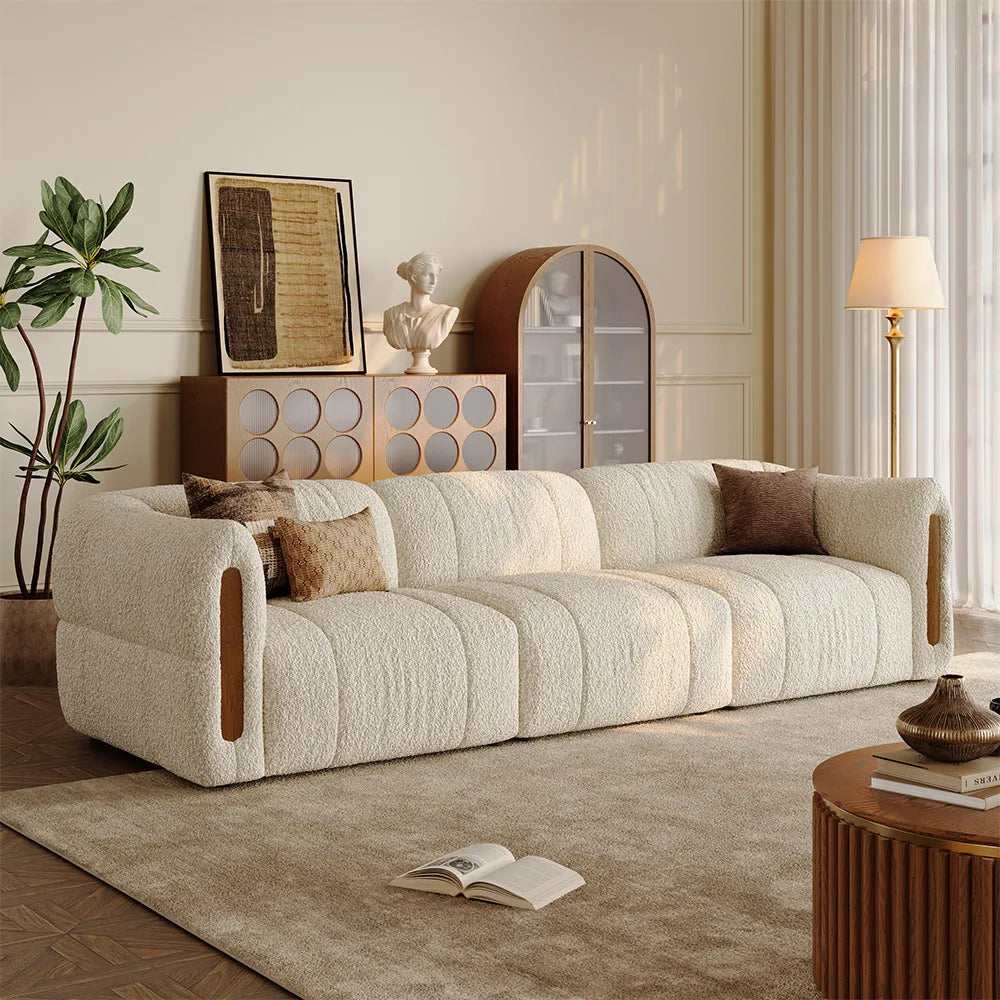 Modern Boucle sofa with solid wood details