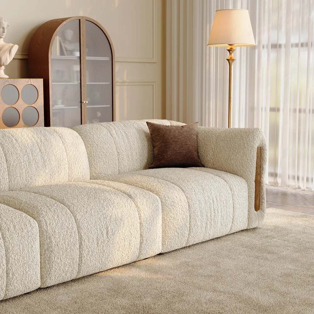 Modern Boucle sofa with solid wood details