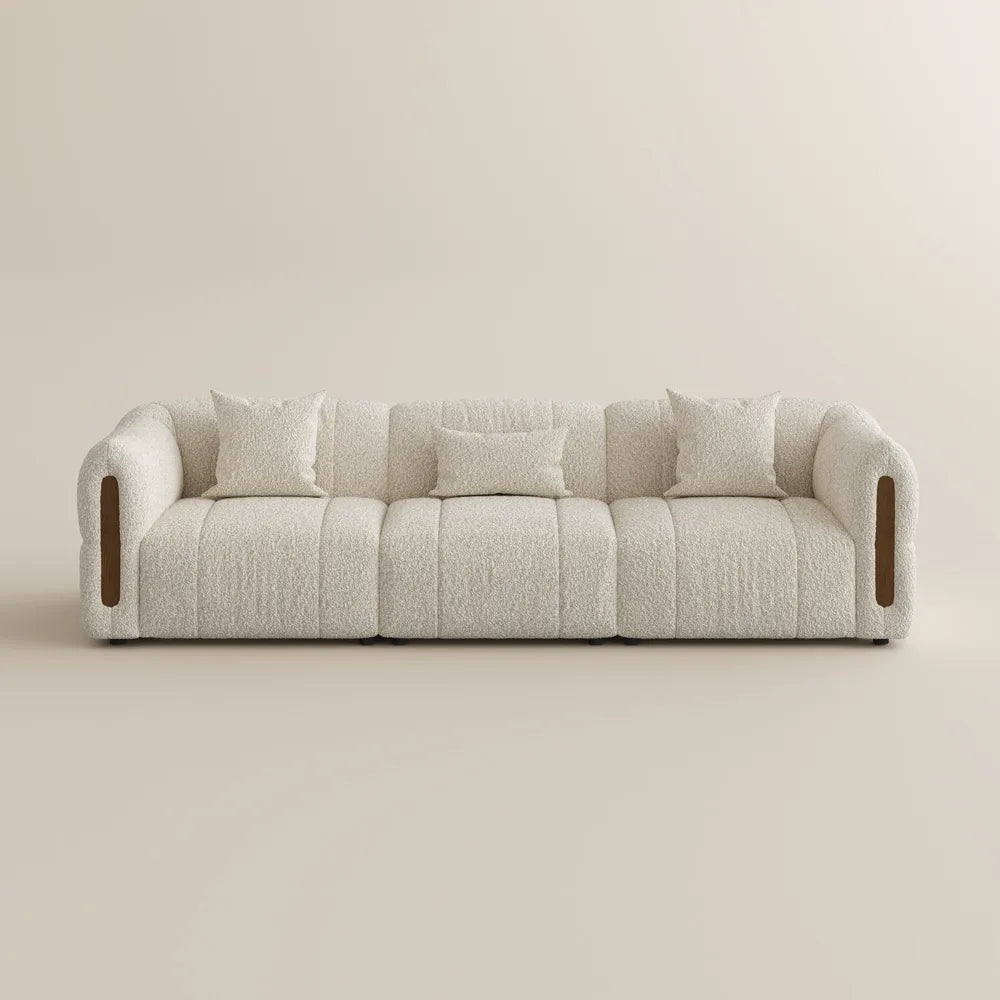 Modern Boucle sofa with solid wood details