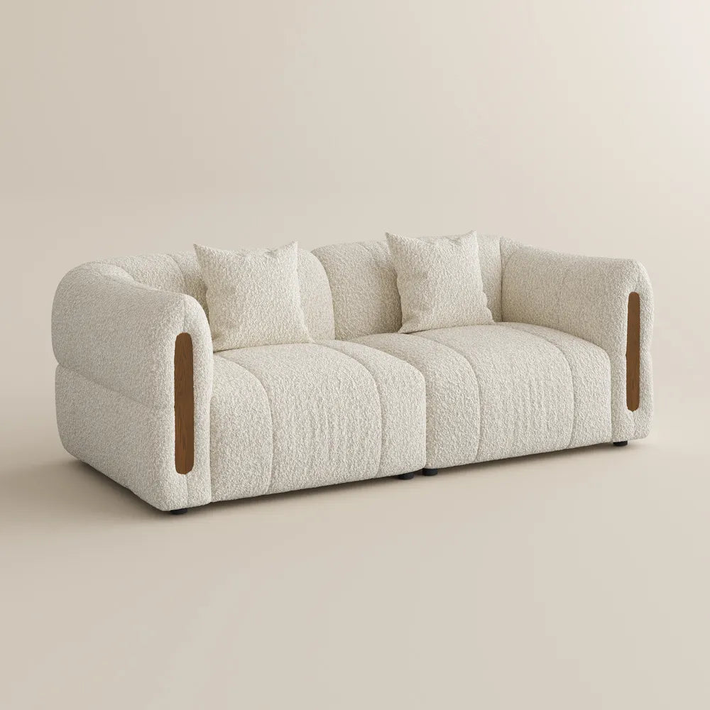 Modern Boucle sofa with solid wood details