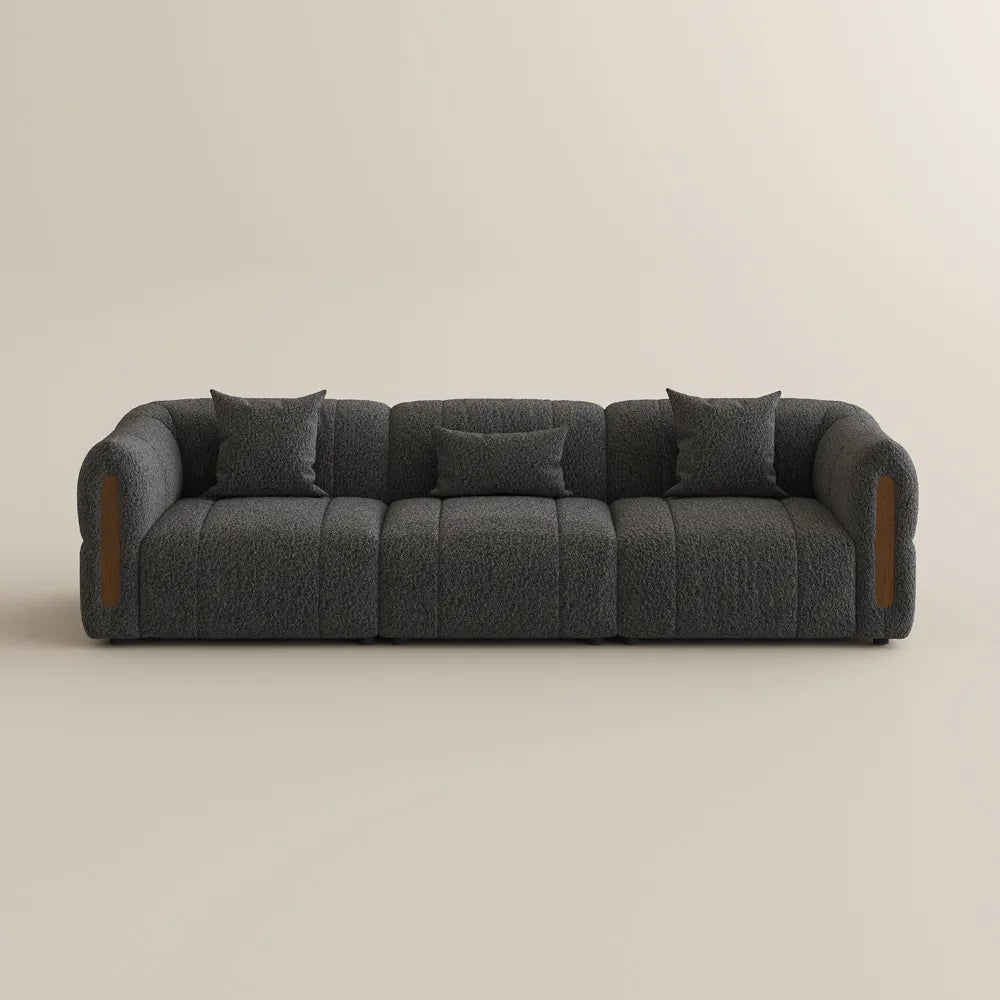 Modern Boucle sofa with solid wood details