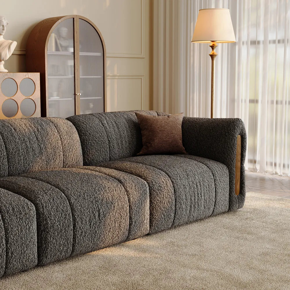Modern Boucle sofa with solid wood details
