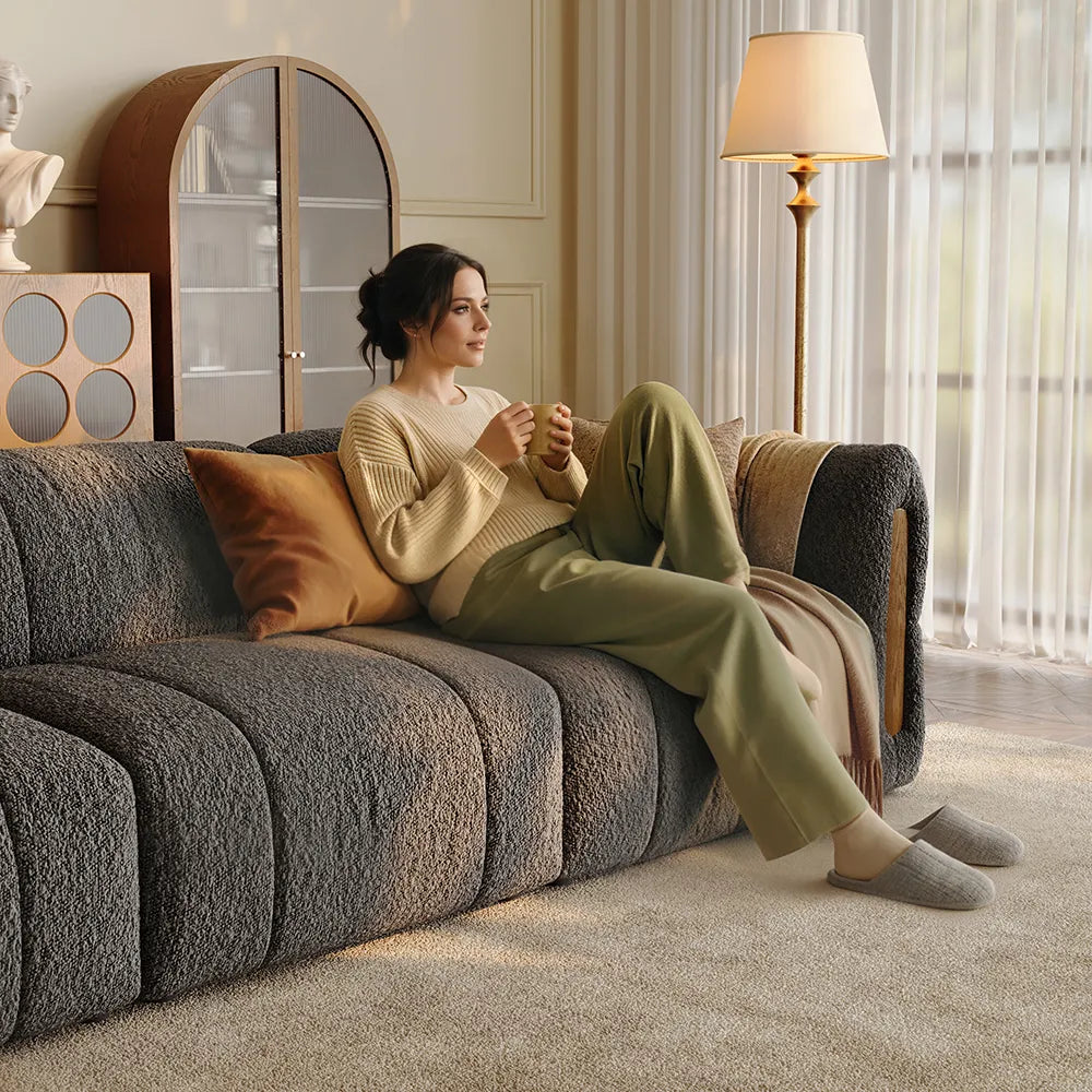 Modern Boucle sofa with solid wood details