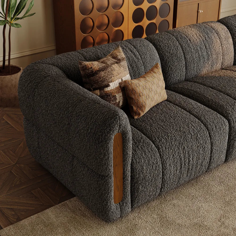 Modern Boucle sofa with solid wood details