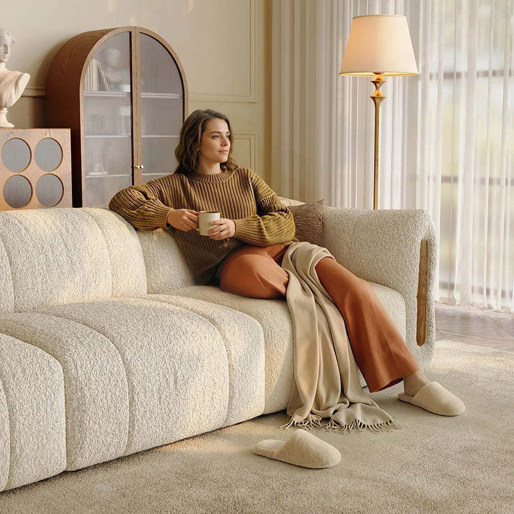 Modern Boucle sofa with solid wood details