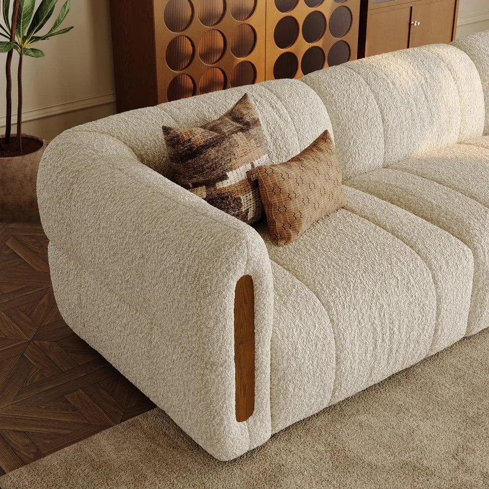 Modern Boucle sofa with solid wood details