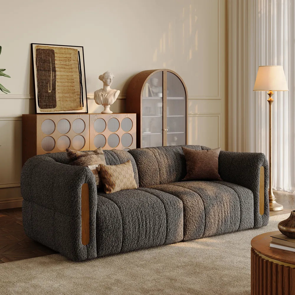 Modern Boucle sofa with solid wood details