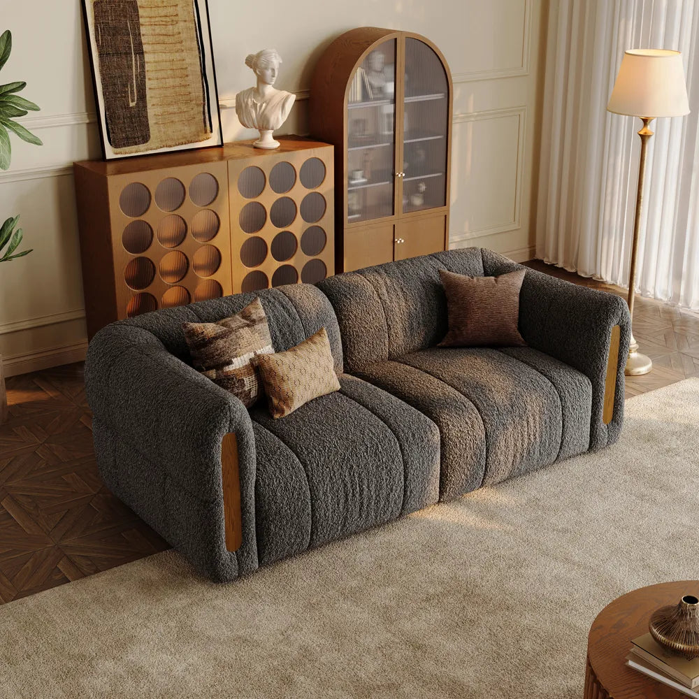 Modern Boucle sofa with solid wood details