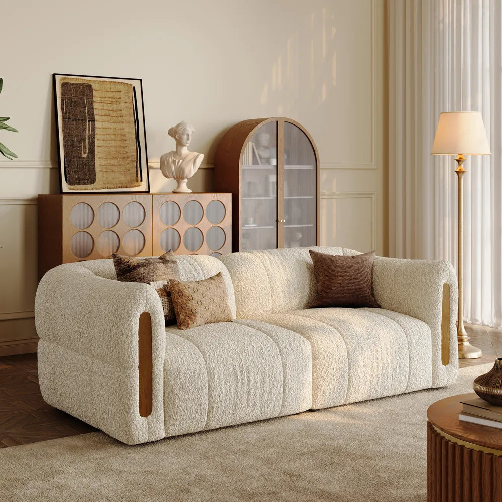 Modern Boucle sofa with solid wood details