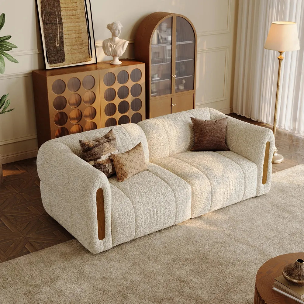 Modern Boucle sofa with solid wood details