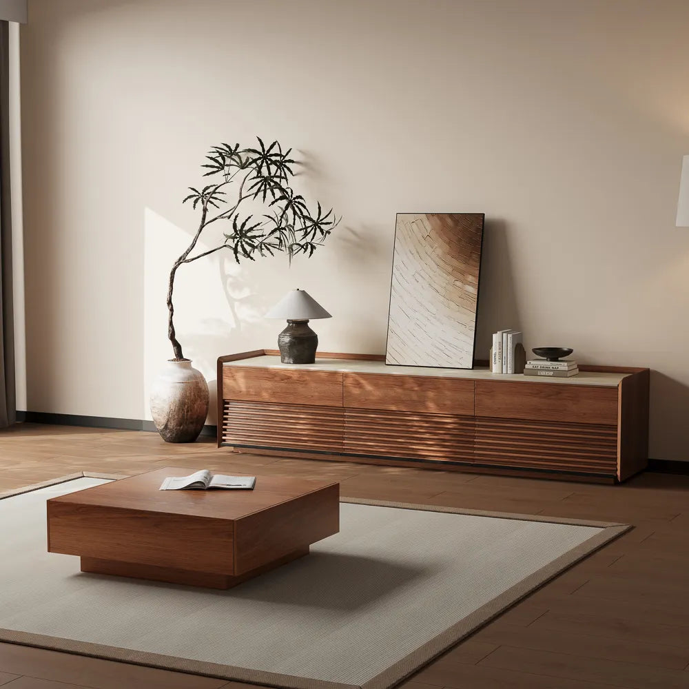 Ansel-78.74" Mid-Century Matte Travertine Stone Tabletop TV Stand