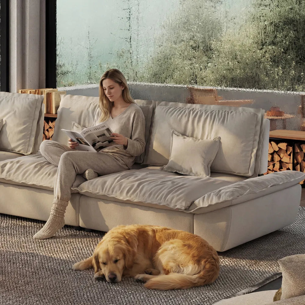 Hudson-141.73" Sailboat Deep Sofa Stain Resistant Cozy Couch with Ottoman