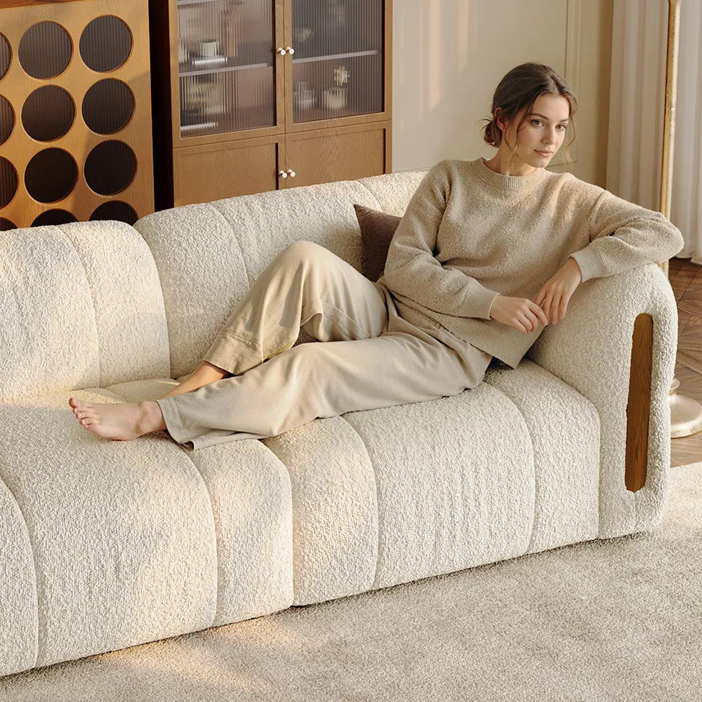 Modern Boucle sofa with solid wood details
