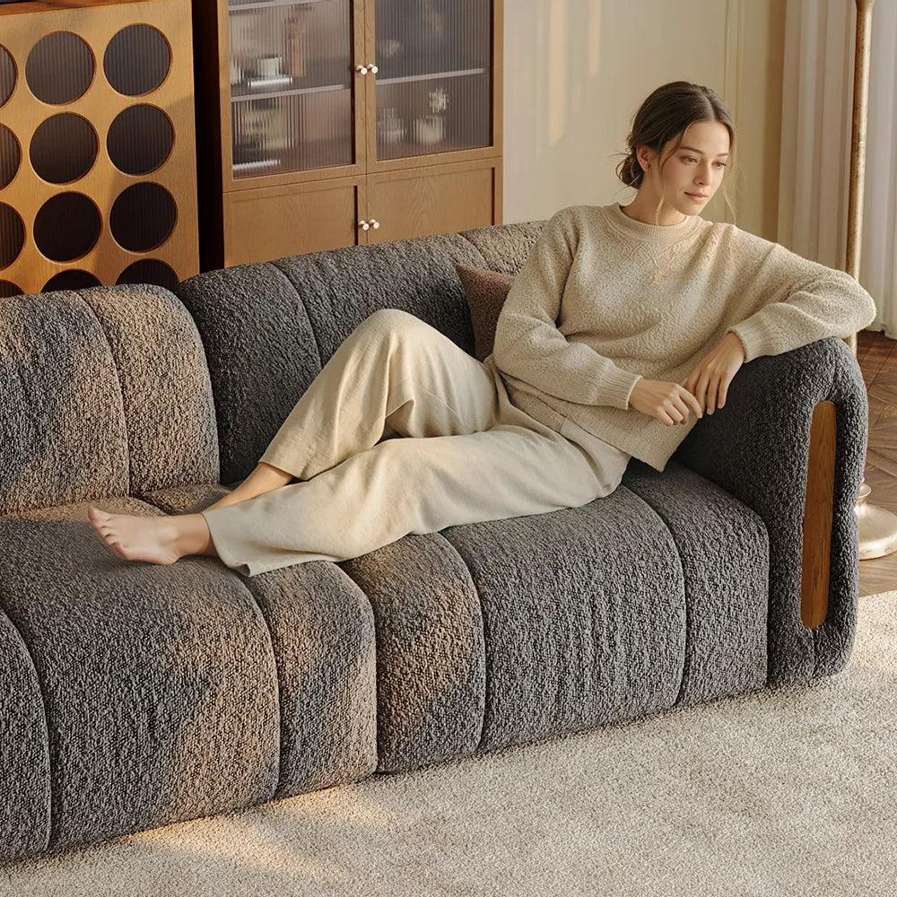 Modern Boucle sofa with solid wood details