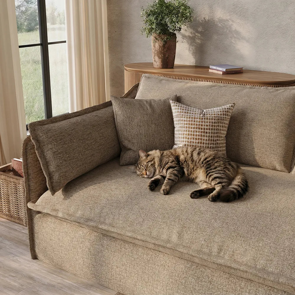 Luna-Khaki Cotton Linen L-Shaped Sofa with Removable Covers
