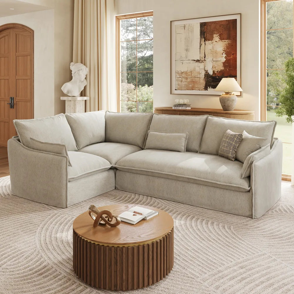 Luna-Beige L-Shaped Sectional Modern Cotton Linen Sofa with Clean Lines