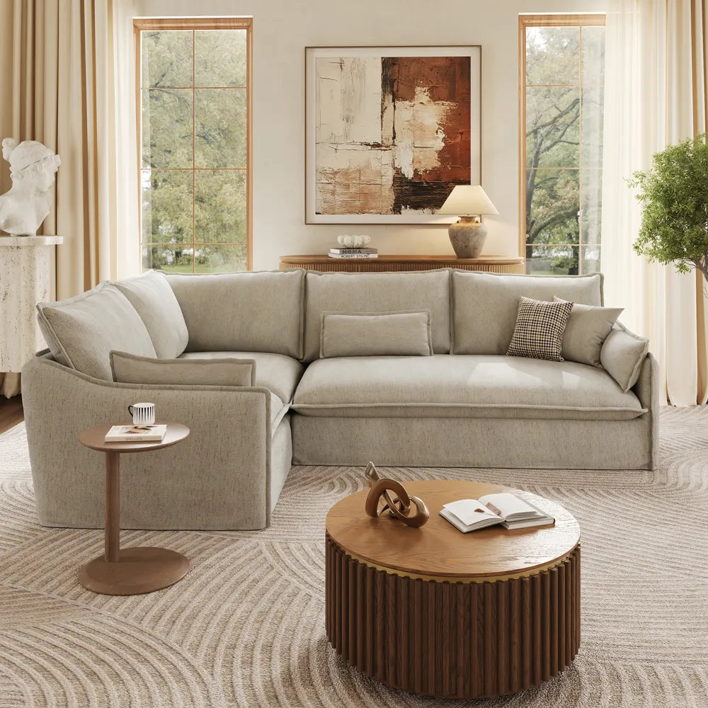 Luna-Beige L-Shaped Sectional Modern Cotton Linen Sofa with Clean Lines