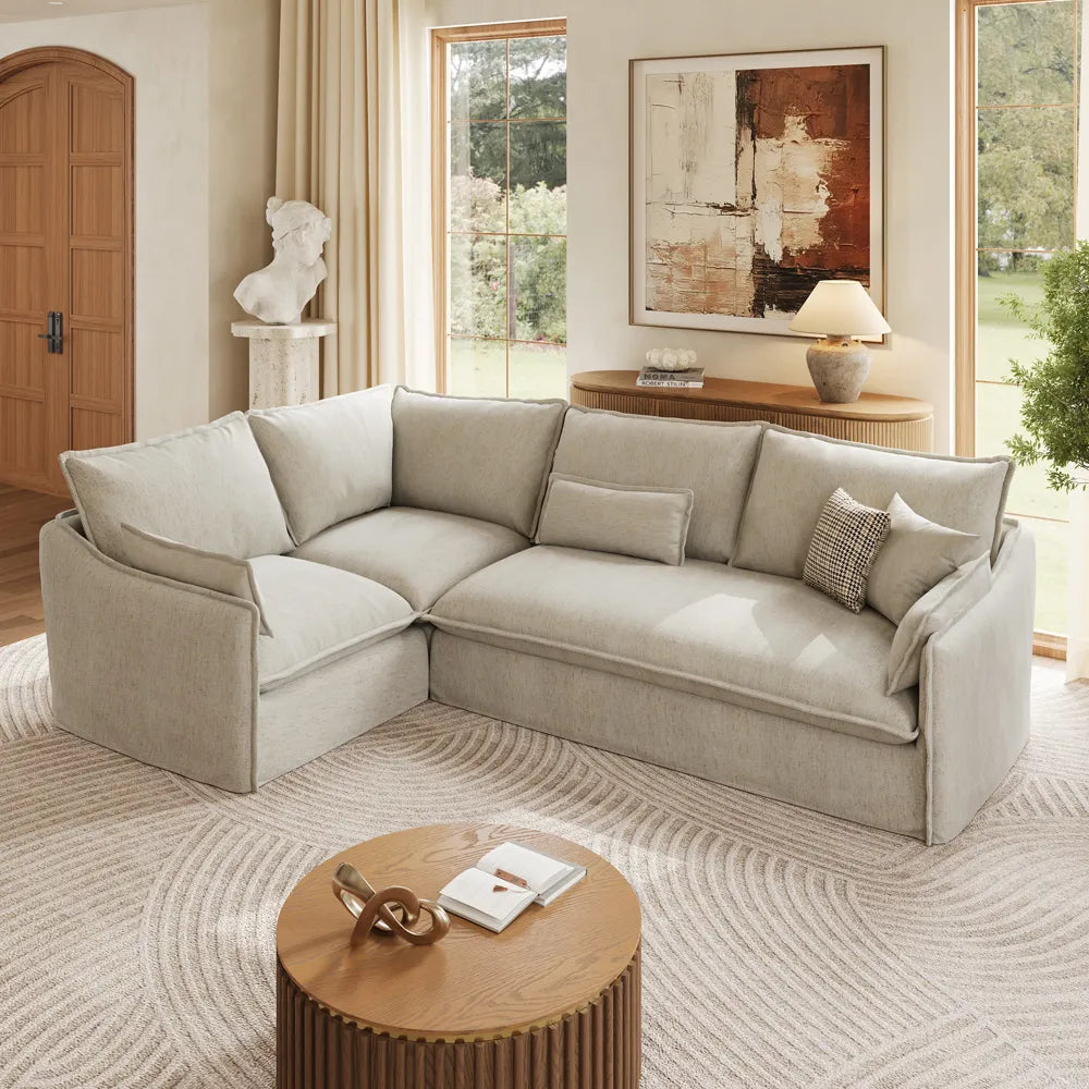 Luna-Beige L-Shaped Sectional Modern Cotton Linen Sofa with Clean Lines