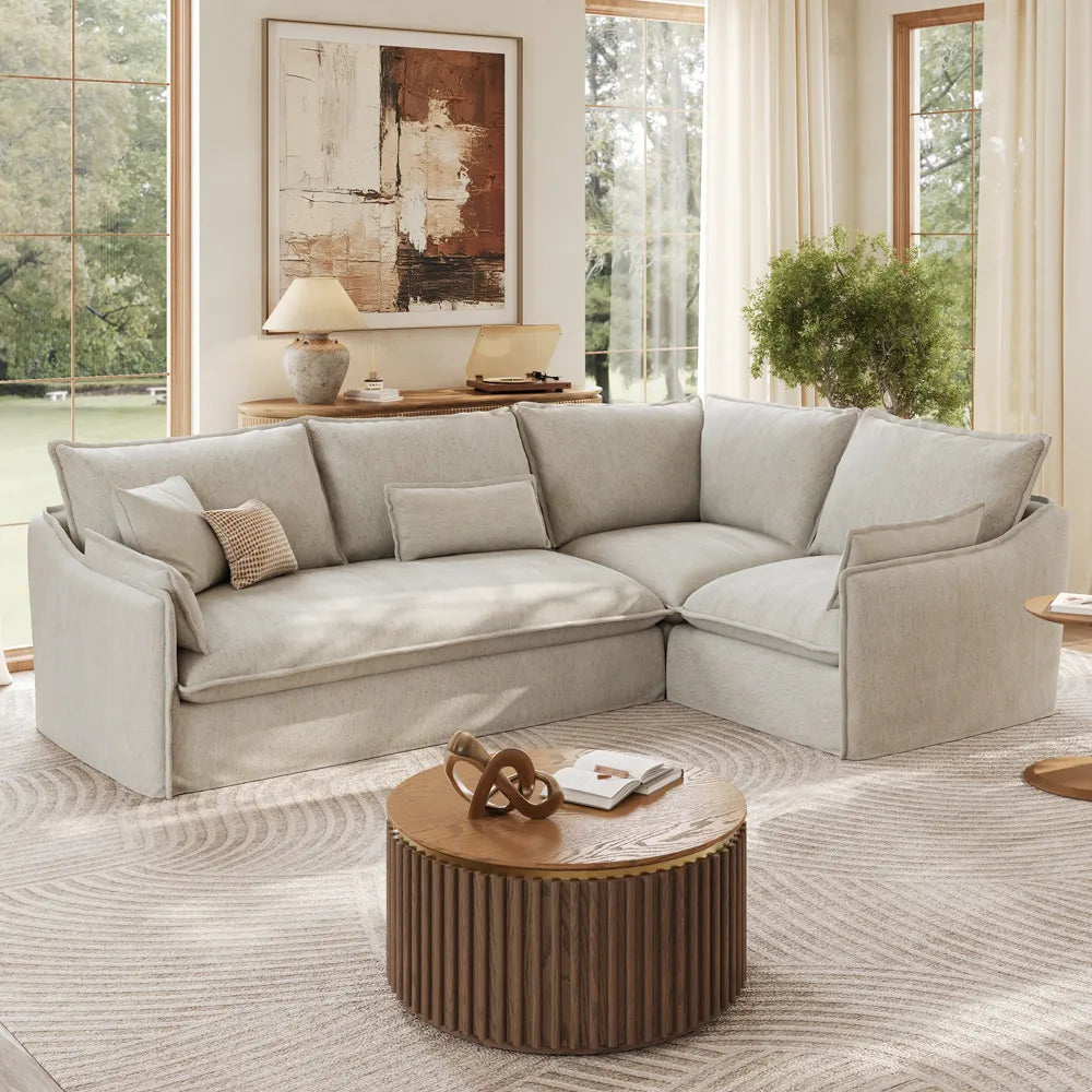 Luna-Beige Cotton Linen L-Shaped Sofa with Removable Covers