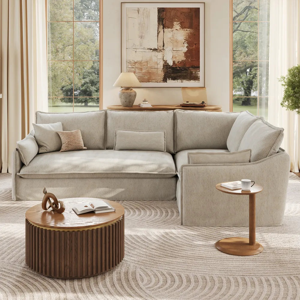 Luna-Beige Cotton Linen L-Shaped Sofa with Removable Covers